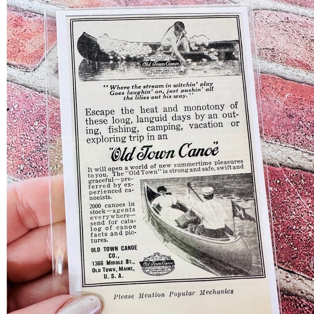 1914 Old Town Canoe Maine - Couple in Canoe - Original Antique Vtg PRINT AD
